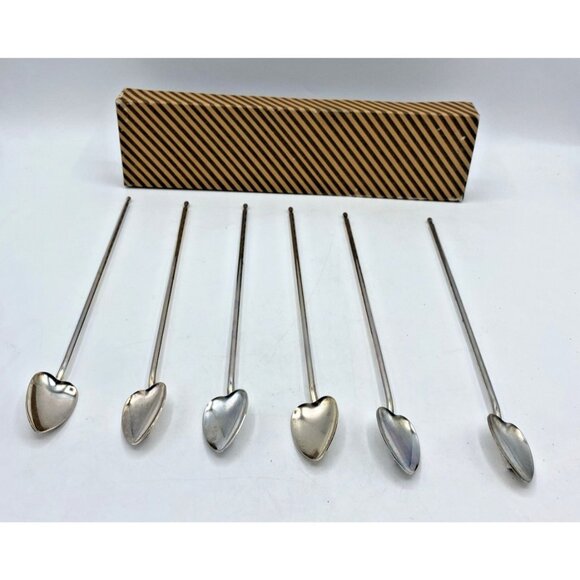PM Italy Silver Plate Heart Shaped Iced Tea Sipper Straw Spoon Set Lot of 6 - Picture 1 of 10
